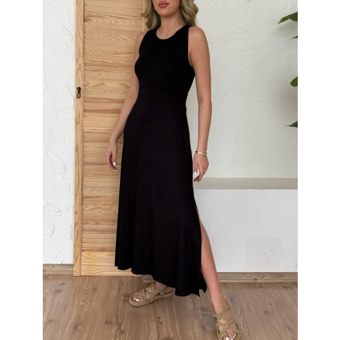 Kadın Arkadan çapraz Detay Yuvarlak Yaka Maksi Viskon Elbise