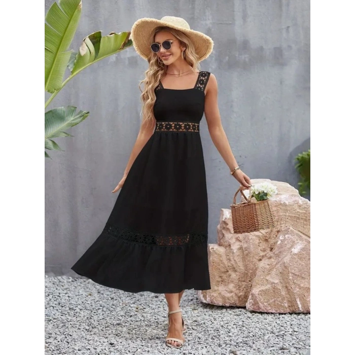 Kadın Askılı Dantel Detaylı Kiloş Janjan Krep Elbise