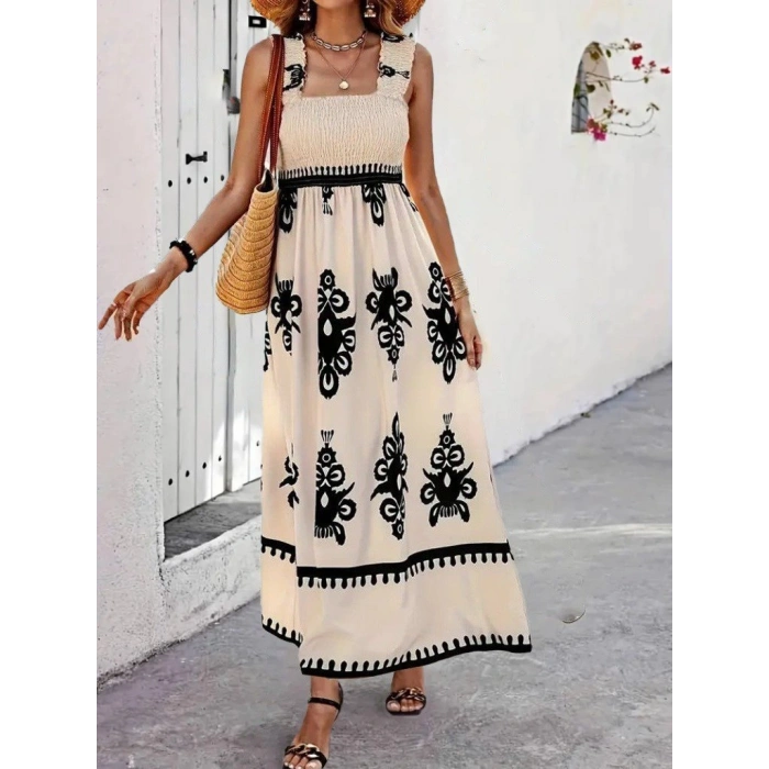 Kadın Askılı Kare Yaka Gipe Detaylı Desenli Suprem Elbise