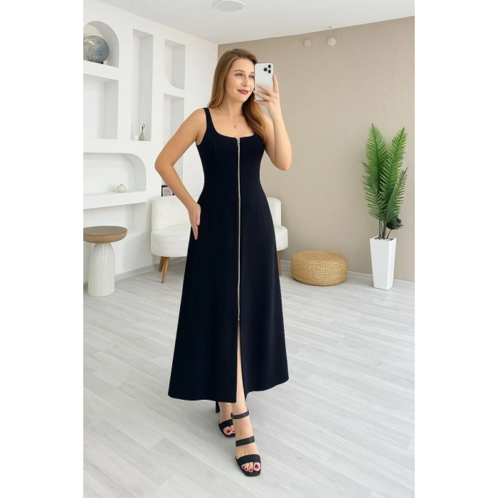 Kadın Askılı Kare Yaka önden Fermuarlı Geniş Kesim Janjan Krep Elbise
