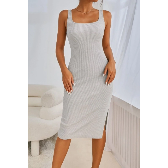 Kadın Askılı Kare Yaka Yandan Yırtmaçlı Midi Kaşkorse Elbise