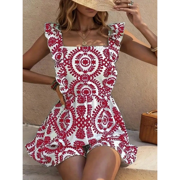 Kadın Askılı Kare Yakalı Arkadan Bağcıklı Desenli Keten Tulum