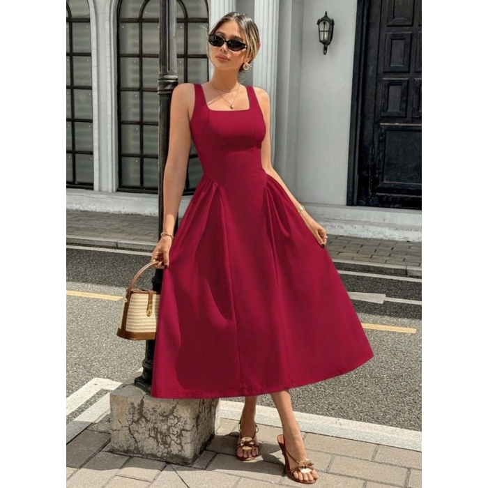 Kadın Askılı Kare Yakalı Uzun Ithal Krep Elbise