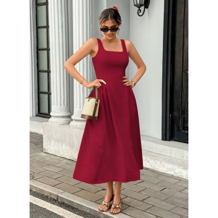 Kadın Askılı Kare Yakalı Uzun Ithal Krep Elbise