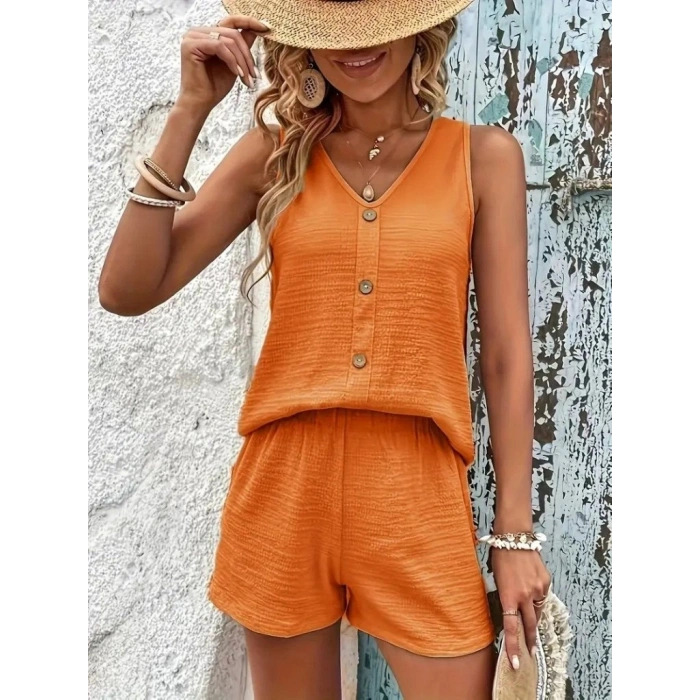Kadın Askılı Kolsuz V Yakalı önden Düğmeli Bürümcük Bluz Ve Short Ikili Takım