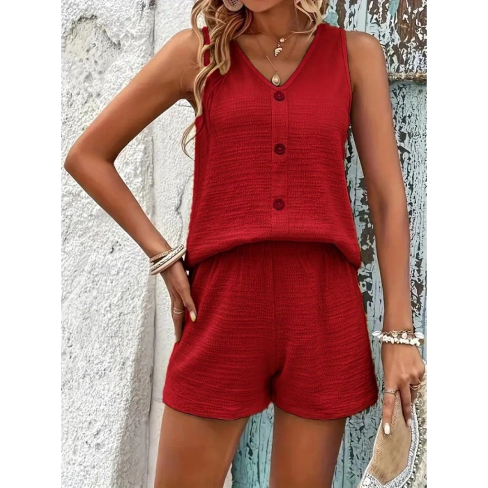 Kadın Askılı Kolsuz V Yakalı önden Düğmeli Bürümcük Bluz Ve Short Ikili Takım