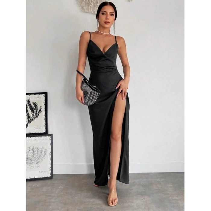 Kadın Askılı Kruvaze Yaka Derin Yırtmaçlı Krep Elbise