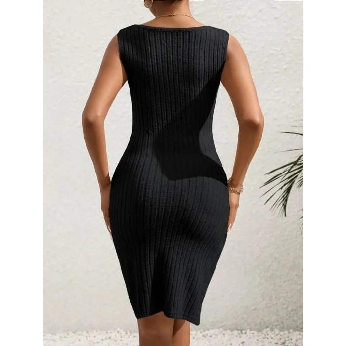 Kadın Askılı Kruvaze Yakalı Yandan Düğmeli önden Asimetrik Kesim Detaylı Kalın Fitilli Kaşkorse Elbise