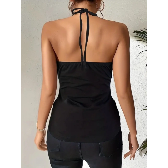 Kadın Askılı Kuş Gözü Ve Dekolte Detay Boyundan Bağlamalı Viskon Bluz