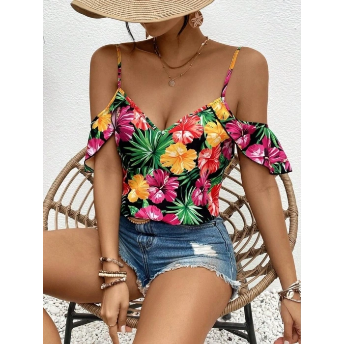 Kadın Askılı Omuzlardan Açık çiçek Baskılı Bluz