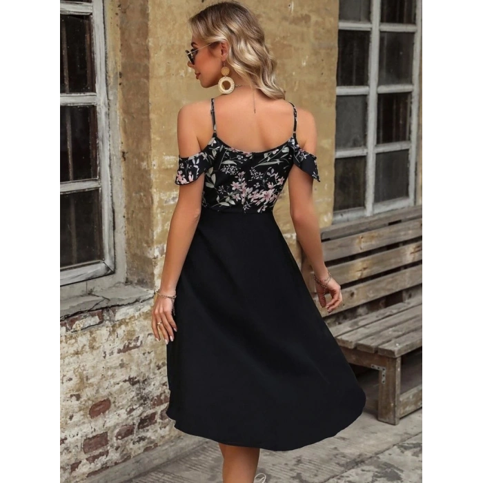 Kadın Askılı Omuzlardan Açık üst Süprem Alt Ithal Krep Elbise