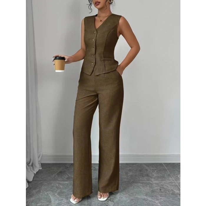 Kadın Askılı önden Düğmeli Bluz Ve Pantolon Keten Ikili Takım