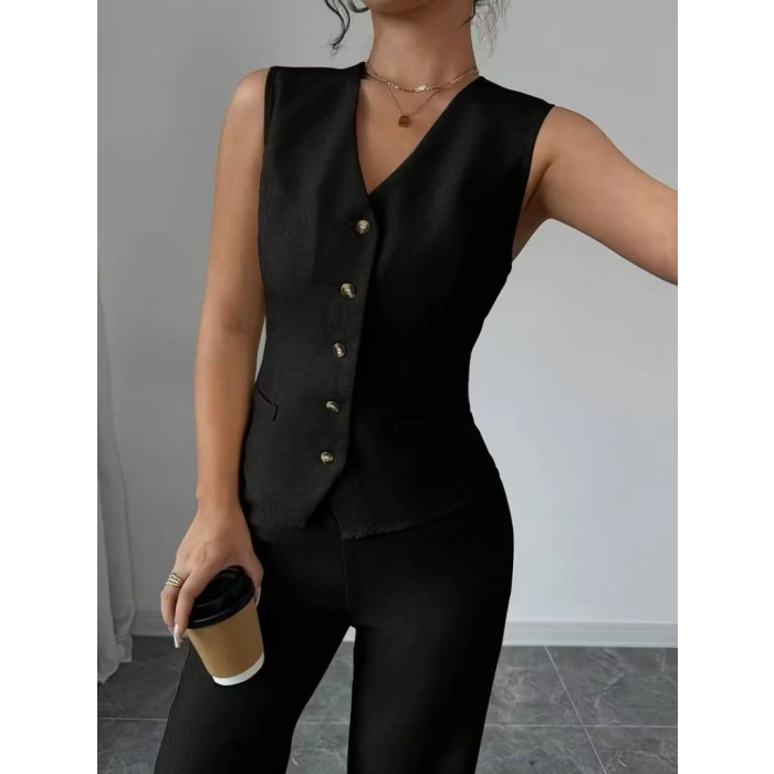 Kadın Askılı önden Düğmeli Bluz Ve Pantolon Keten Ikili Takım