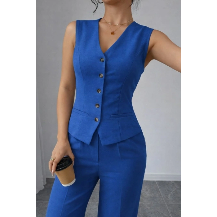 Kadın Askılı önden Düğmeli Bluz Ve Pantolon Keten Ikili Takım