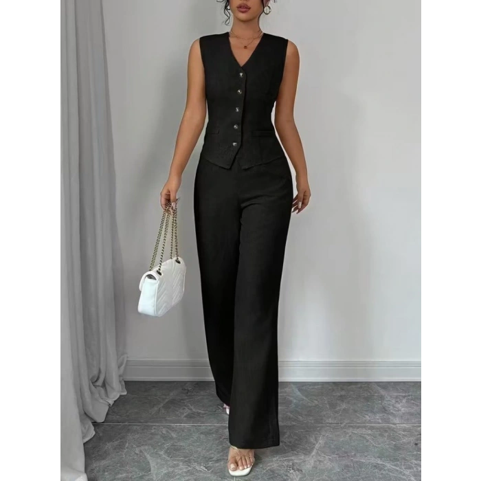 Kadın Askılı önden Düğmeli Bluz Ve Pantolon Keten Ikili Takım