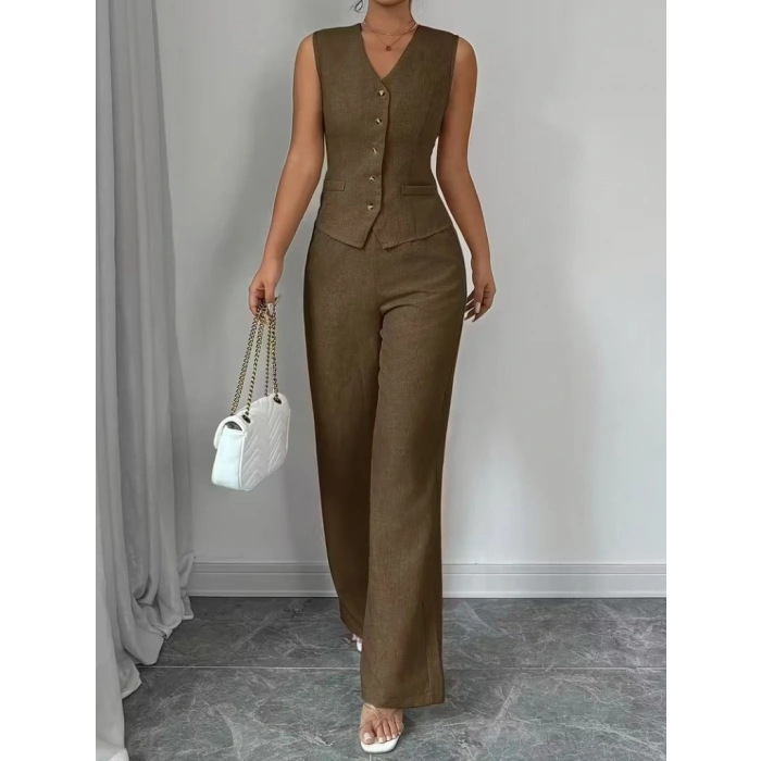 Kadın Askılı önden Düğmeli Bluz Ve Pantolon Keten Ikili Takım