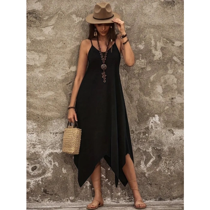 Kadın Askılı V Yakalı Cep Detaylı Asimetrik Kesim Detaylı Viskon Elbise