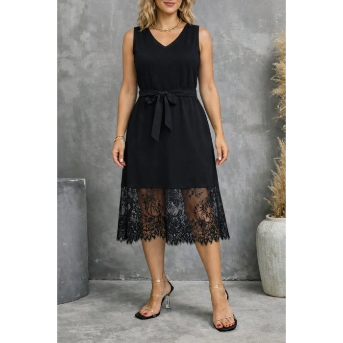 Kadın Askılı V Yakalı Dantelli Midi Viskon Elbise