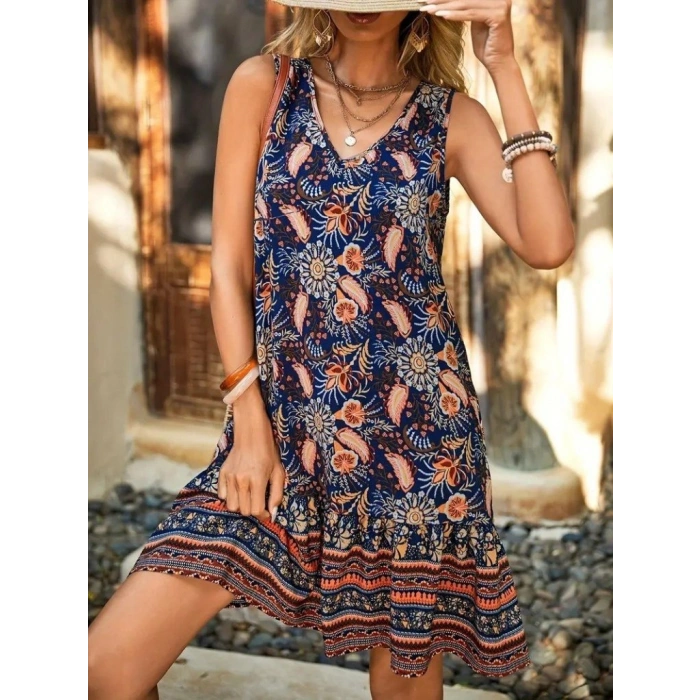 Kadın Askılı V Yakalı Fırfırlı Desenli Süprem Kısa Elbise