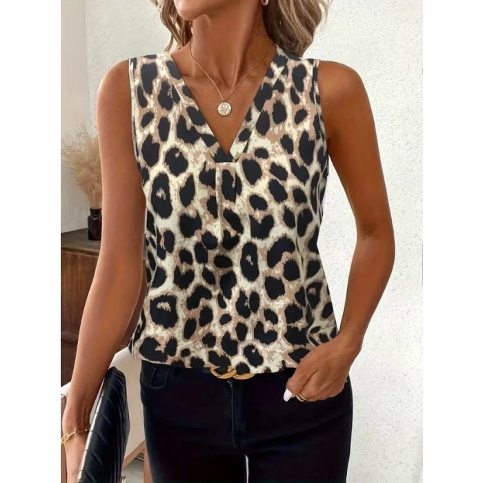Kadın Askılı V Yakalı Leopar Desenli Süprem Bluz