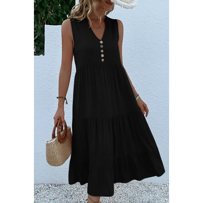 Kadın Askılı V Yakalı önden Düğmeli Midi Viskon Elbise