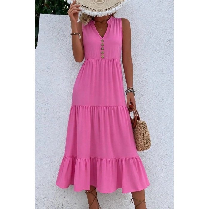 Kadın Askılı V Yakalı önden Düğmeli Midi Viskon Elbise