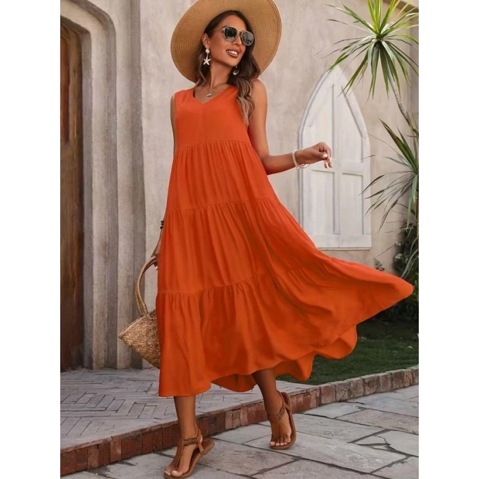 Kadın Askılı V Yakalı Uzun Dokuma Viskon Elbise