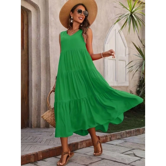 Kadın Askılı V Yakalı Uzun Dokuma Viskon Elbise