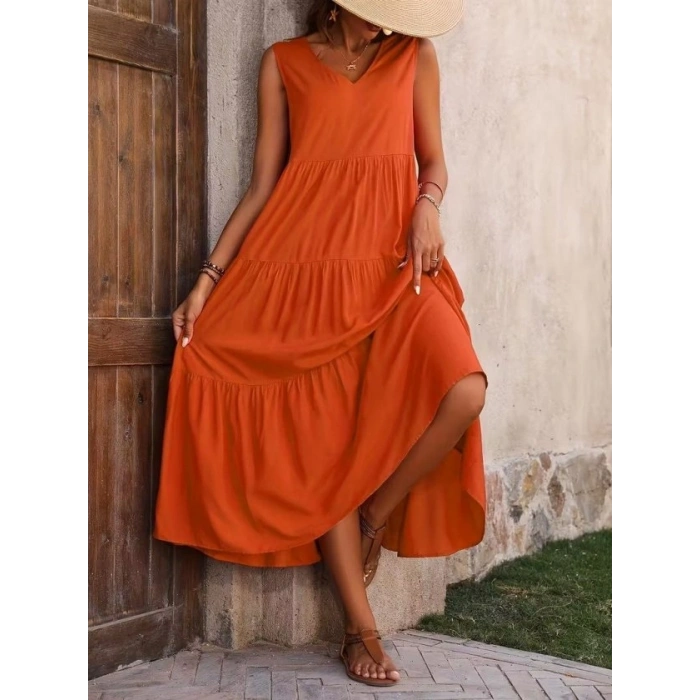 Kadın Askılı V Yakalı Uzun Dokuma Viskon Elbise