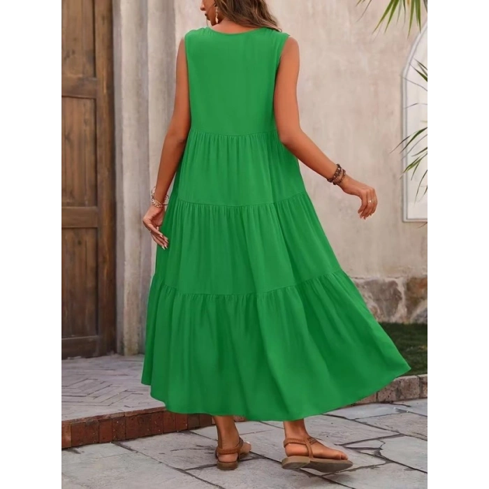 Kadın Askılı V Yakalı Uzun Dokuma Viskon Elbise