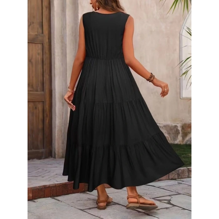 Kadın Askılı V Yakalı Uzun Dokuma Viskon Elbise