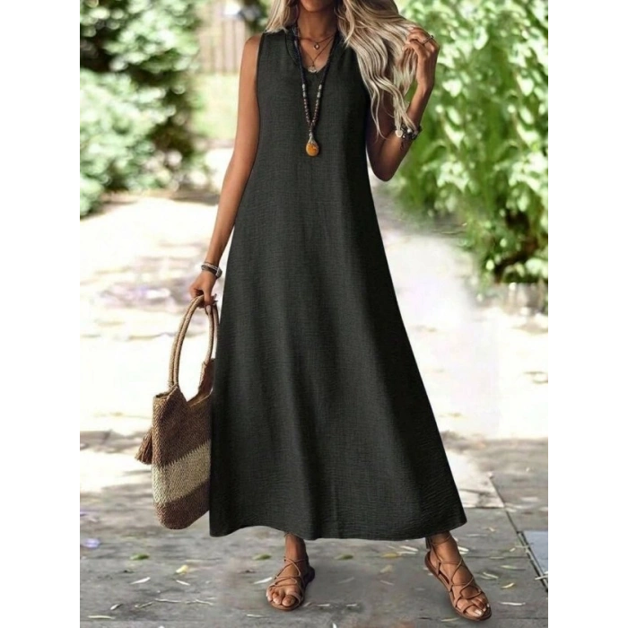 Kadın Askılı V Yakalı Uzun Elbise