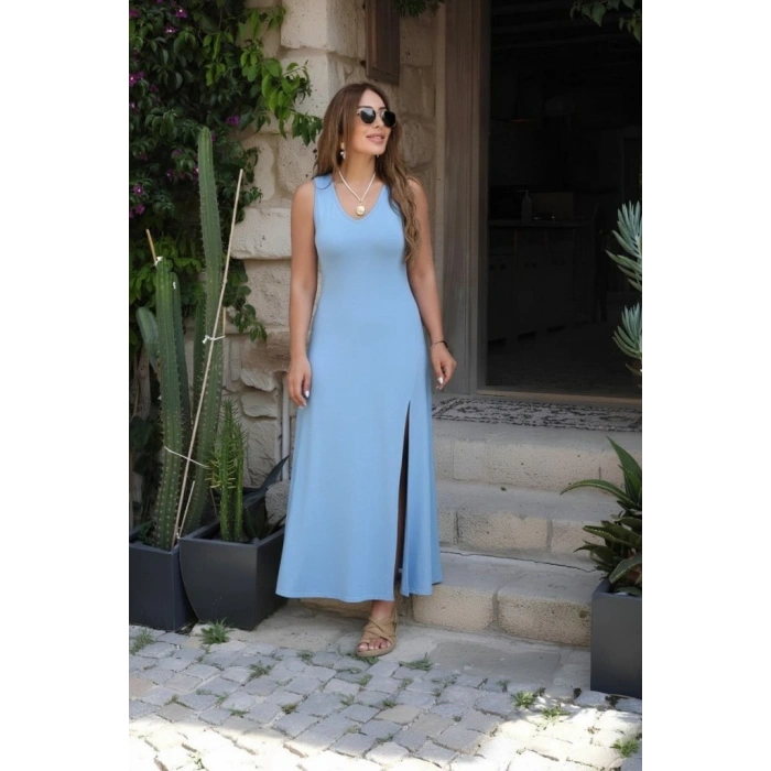 Kadın Askılı V Yakalı Yırtmaçlı Uzun Viskon Elbise