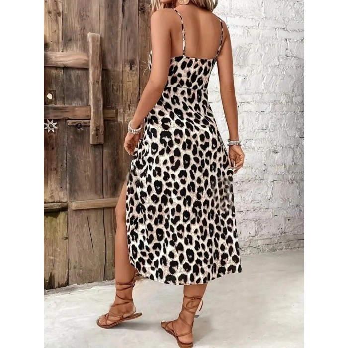 Kadın Askılı Yakadan Bağcıklı Yırtmaçlı Leopar Desenli Midi Süprem Elbise