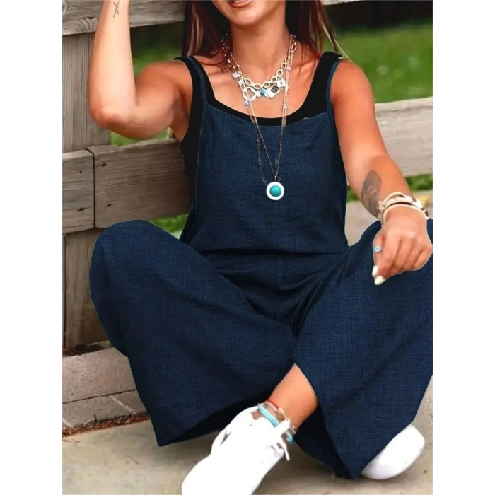 Kadın Askılı Yandan Fermuarlı Geniş Paçalı Valencia Tulum