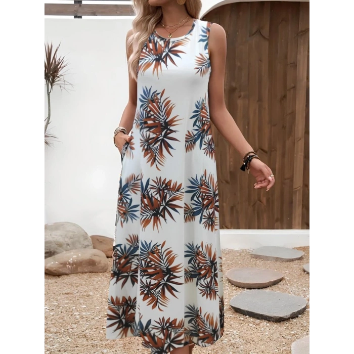 Kadın Askılı Yuvarlak Yaka Cepli Desenli Süprem Elbise