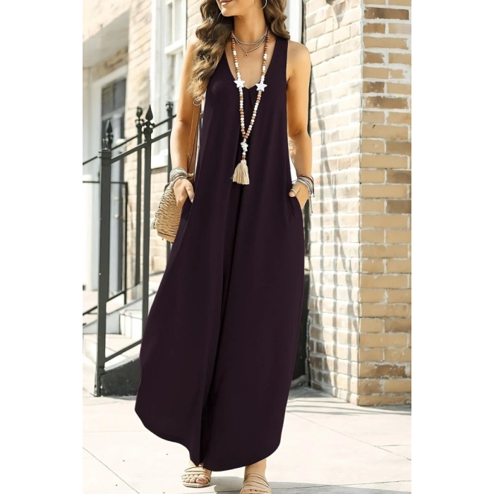 Kadın Askılı Yuvarlak Yaka Cepli Salaş Uzun Viskon Tulum