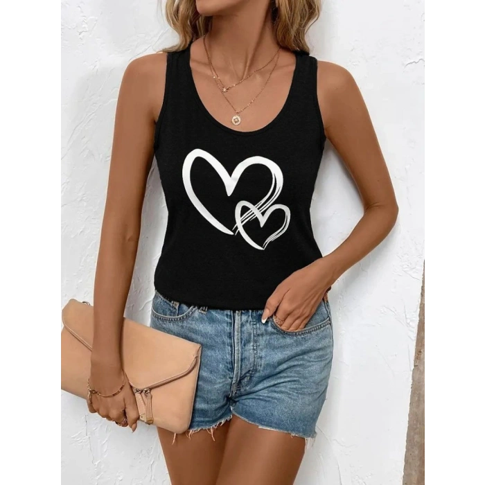 Kadın Askılı Yuvarlak Yaka Kalp Baskılı Viskon Bluz