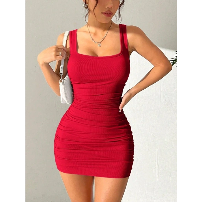 Kadın Askılı Yuvarlak Yaka Mini Kaşkorse Elbise