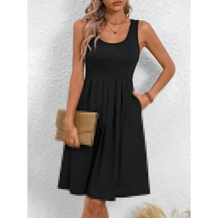 Kadın Askılı Yuvarlak Yaka önden Pileli Viskon Elbise