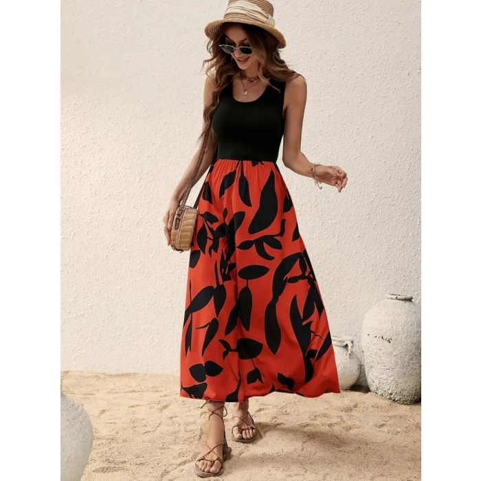 Kadın Askılı Yuvarlak Yaka üst Viskon Alt Desenli Uzun Süprem Elbise