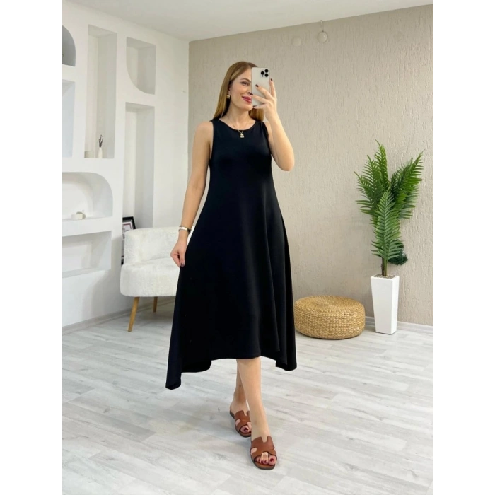 Kadın Askılı Yuvarlak Yakalı Asimetrik Kesim Detaylı Viskon Elbise