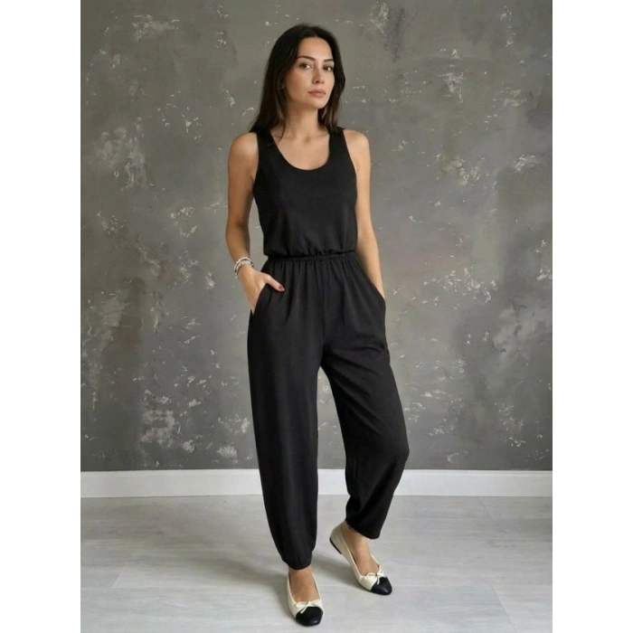 Kadın Askılı Yuvarlak Yakalı Cepli Viskon Tulum