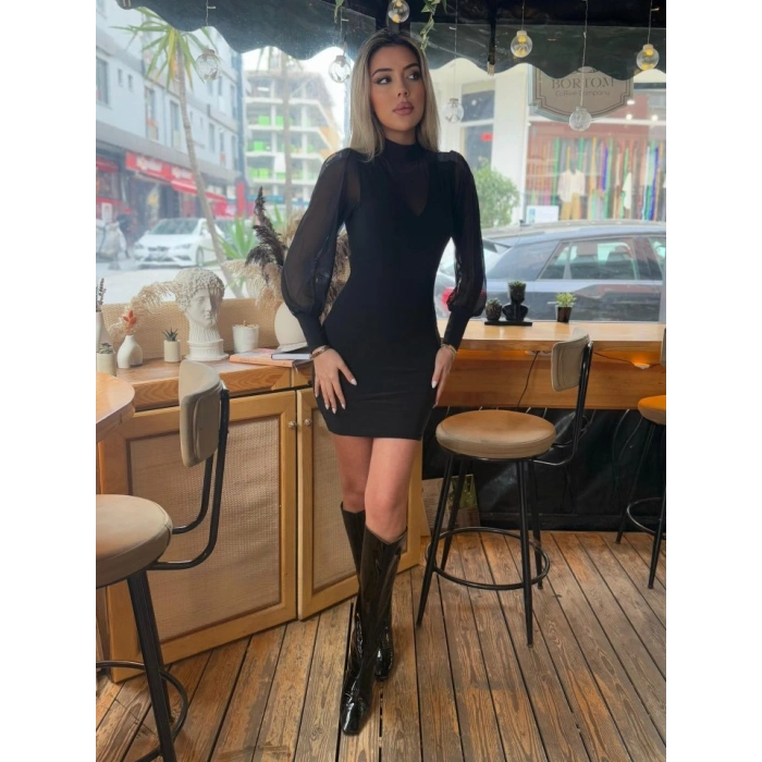 Kadın Balıkçı Yaka Transparan Detay Fırsat ürün Sandy Kumaş Mini Elbise