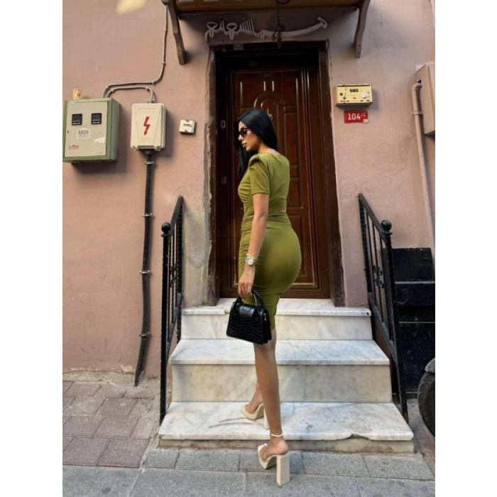 Kadın Bel Dekolteli Yanı Büzgü Detay Dalgıç Krep Kumaş Mini Elbise