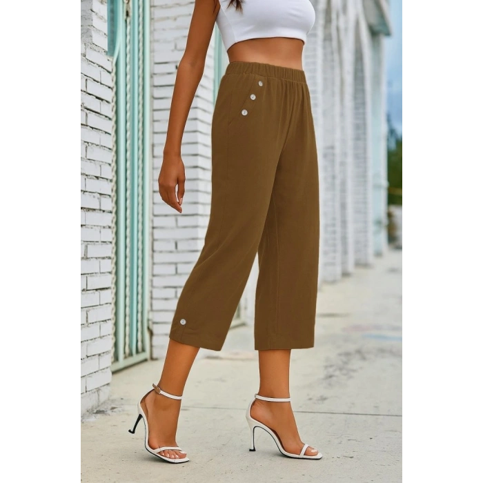 Kadın Beli Lastikli Düğme Ve Cep Detaylı Kapri Ithal Keten Pantolon