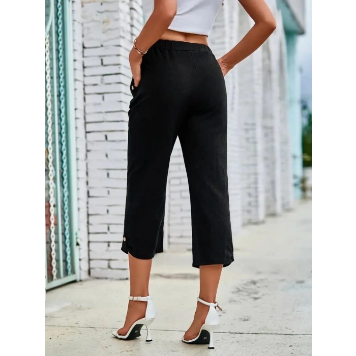 Kadın Beli Lastikli Düğme Ve Cep Detaylı Kapri Ithal Keten Pantolon
