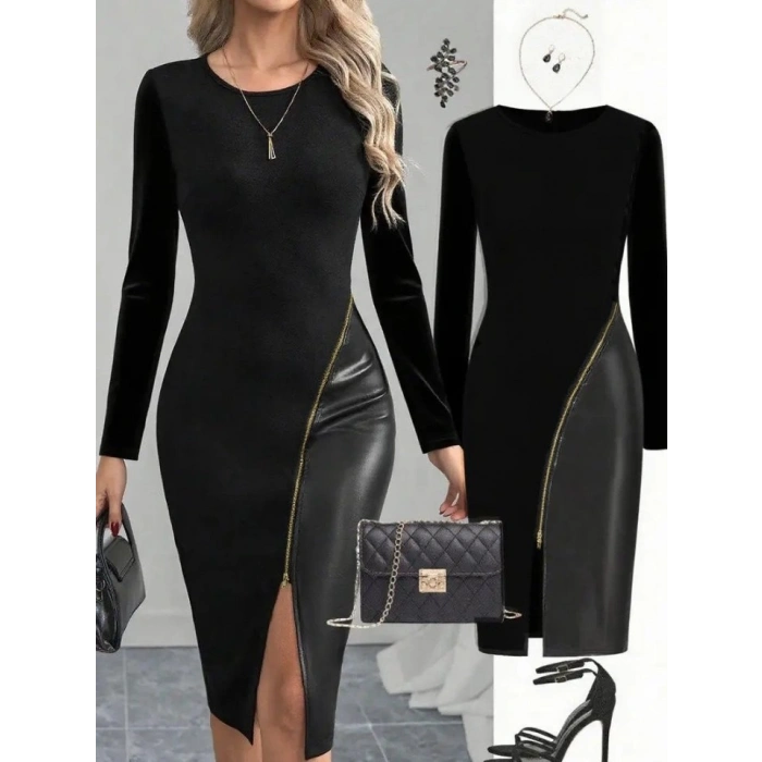 Kadın Bisiklet Yaka Uzun Kollu Deri Ve Fermuar Detay Mini Yırtmaçlı Elbise