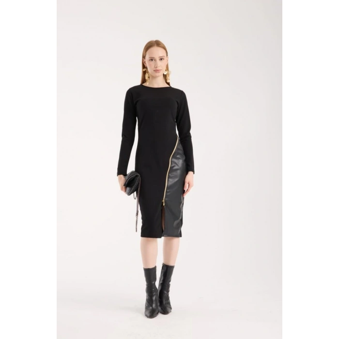 Kadın Bisiklet Yaka Uzun Kollu Deri Ve Fermuar Detay Mini Yırtmaçlı Elbise