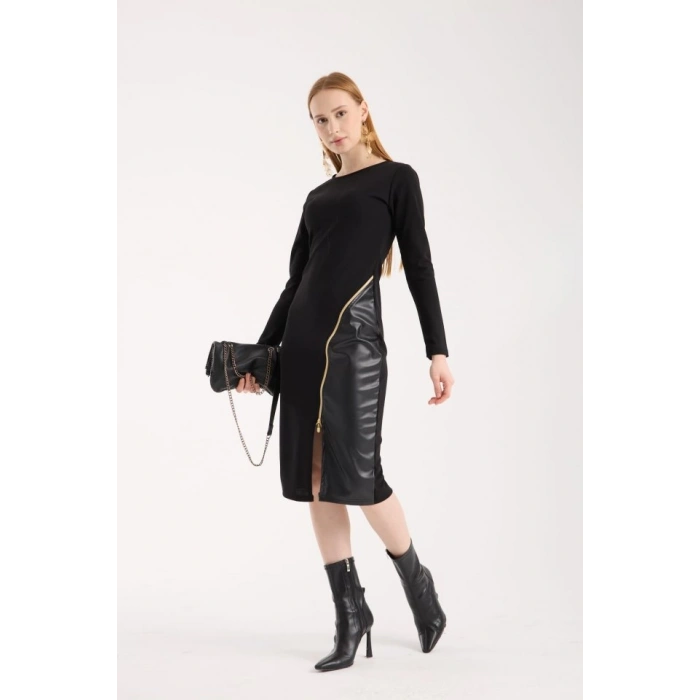 Kadın Bisiklet Yaka Uzun Kollu Deri Ve Fermuar Detay Mini Yırtmaçlı Elbise